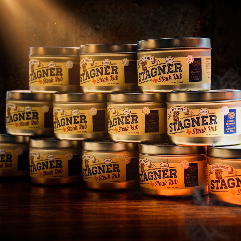 Stagner Steak Rub tin dramatic golden spotlight lighting moody dark background Texas BBQ seasoning case of 12