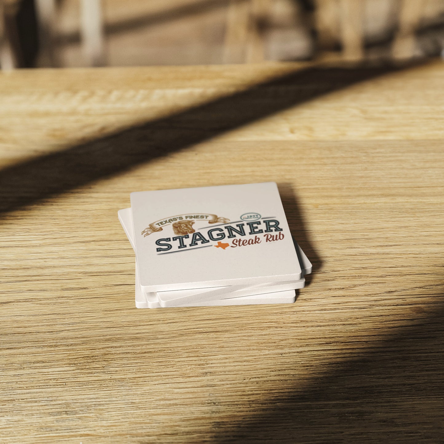 Stagner Brands stone coasters set of 4 on wood table lifestyle BBQ