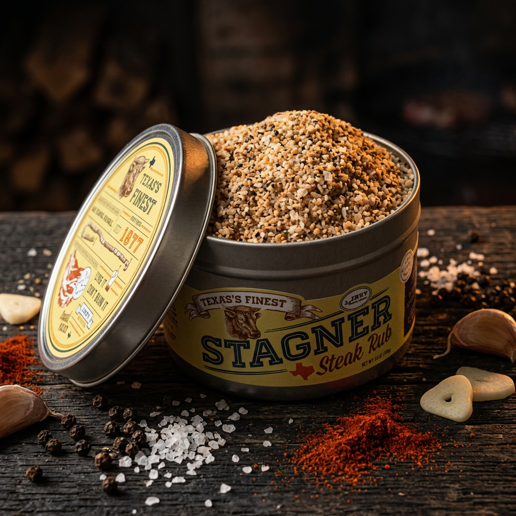 Stagner Steak Rub tin on dark weathered oak surface with peppercorns garlic and paprika moody Texas BBQ product photo