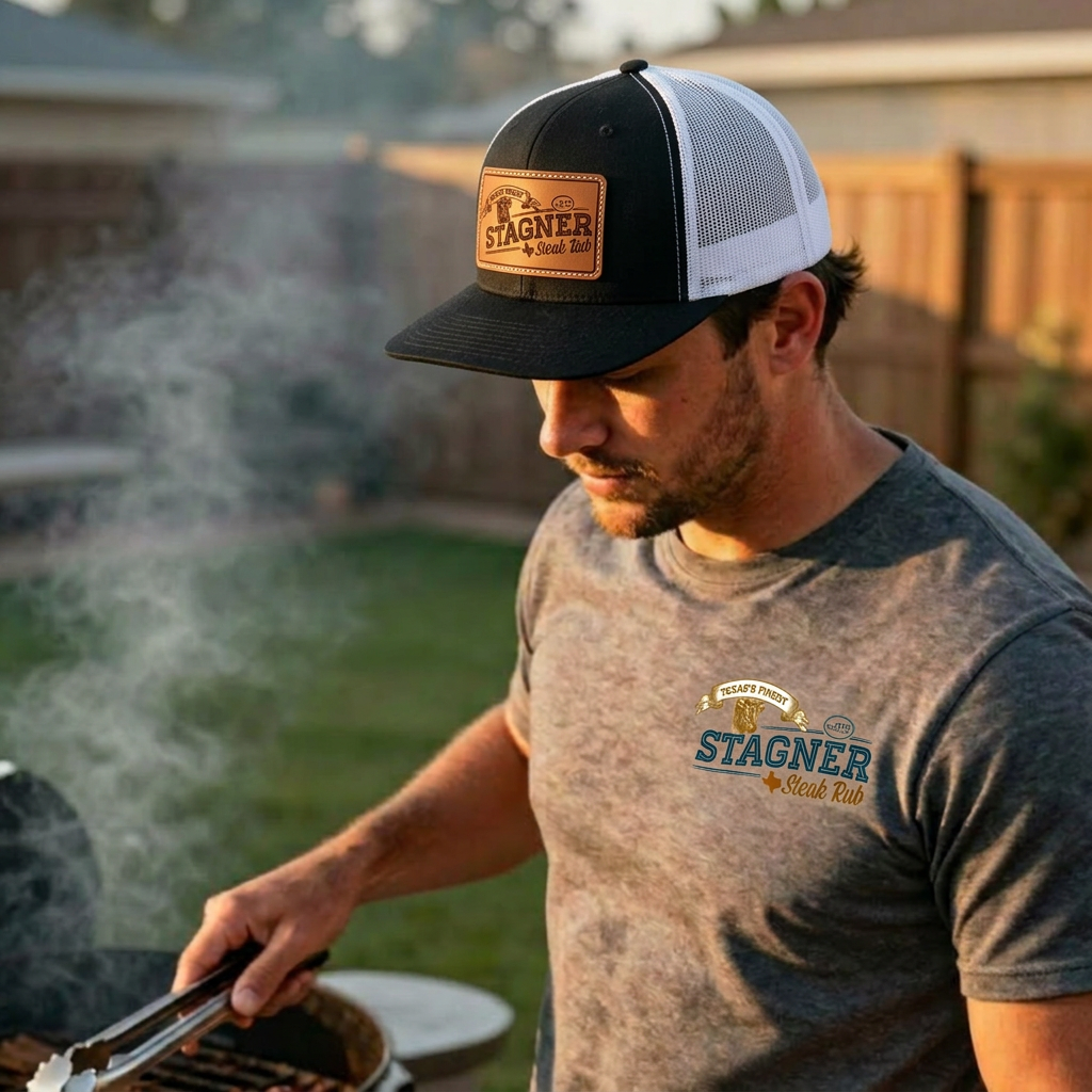 Stagner Brands Richardson 112 leather patch trucker hat man grilling at golden hour backyard BBQ lifestyle shot