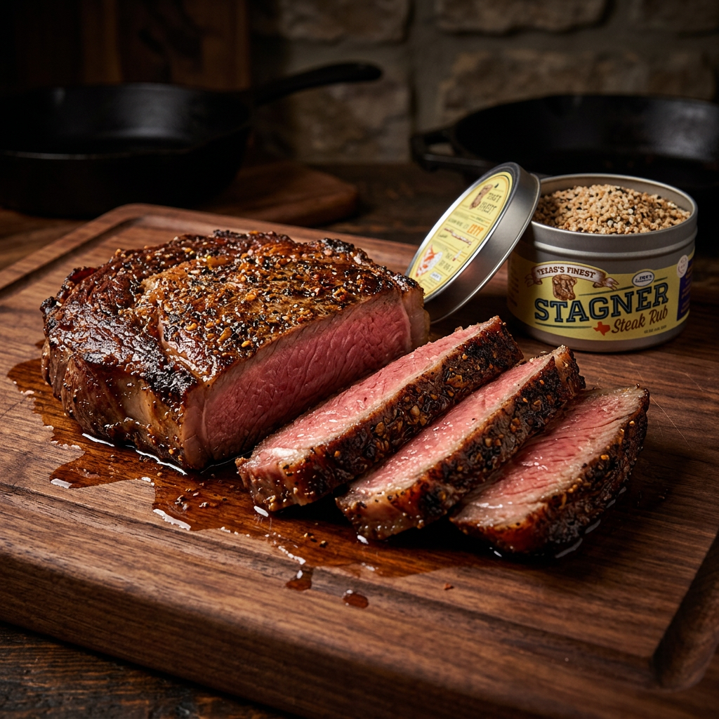 Perfectly cooked medium-rare ribeye steak sliced open on walnut cutting board showing crust from Stagner Steak Rub