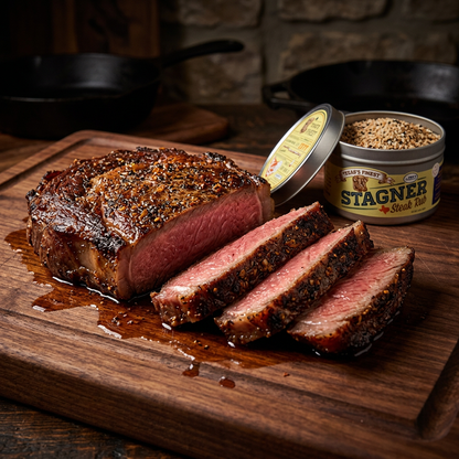 Perfectly cooked medium-rare ribeye steak sliced open on walnut cutting board showing crust from Stagner Steak Rub