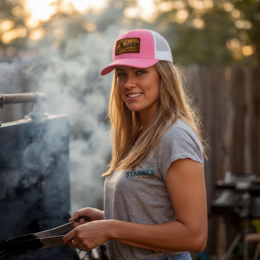 Stagner Brands Richardson 112 leather patch trucker hat split hot pink white woman grilling backyard BBQ golden hour lifestyle shot