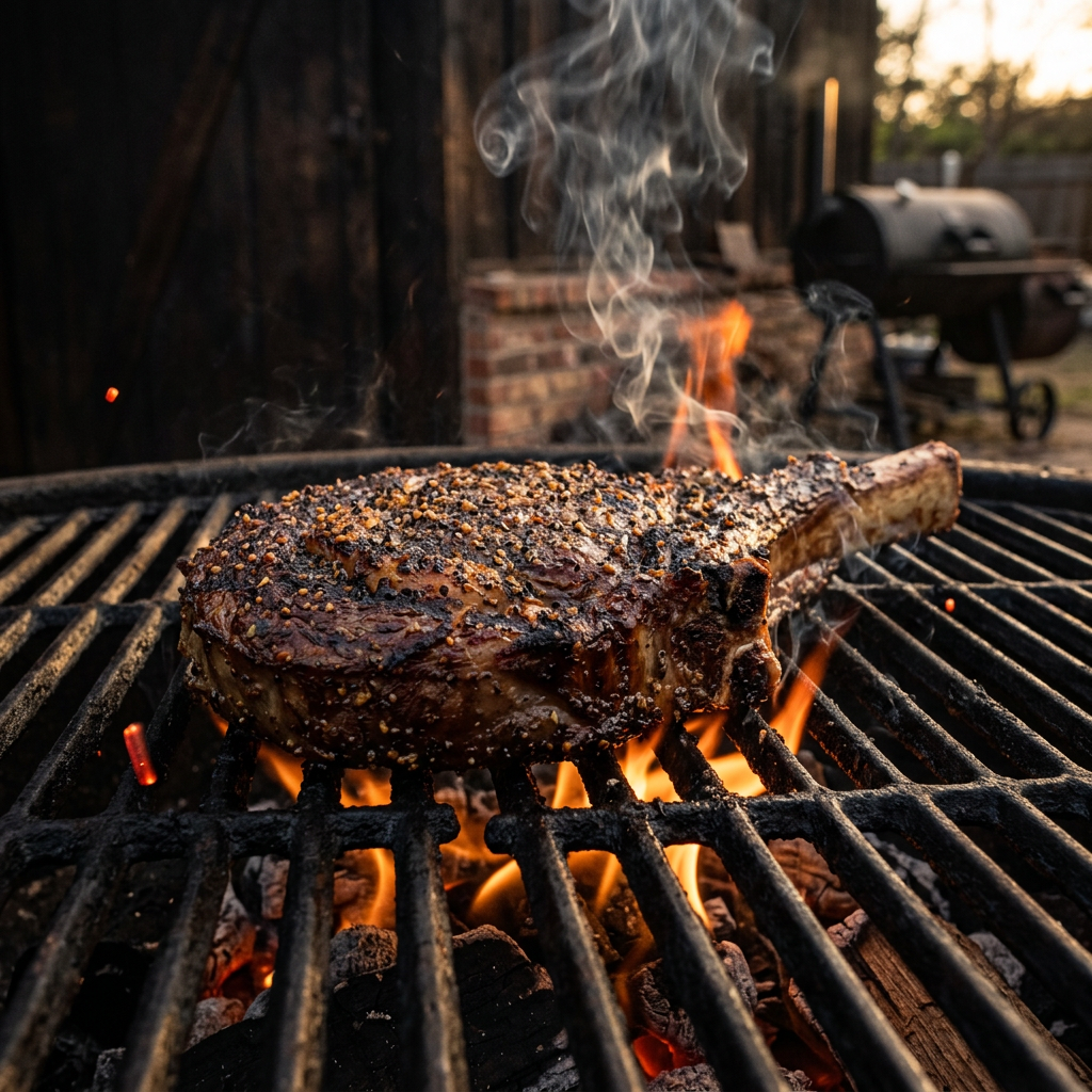 Thick ribeye steak seasoned with Stagner Steak Rub sizzling on cast iron grill grates flames and smoke Texas BBQ