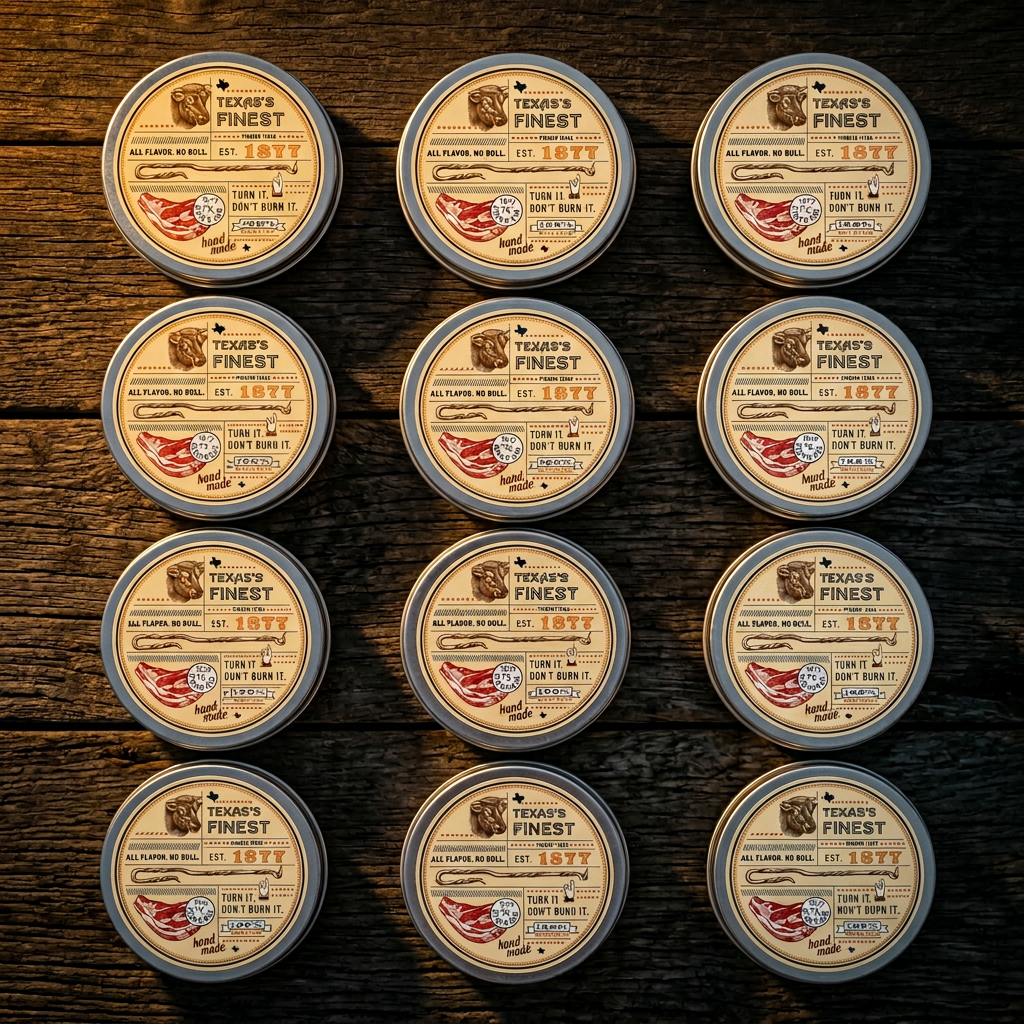 Twelve Stagner Steak Rub tins arranged in grid formation on dark oak surface dramatic golden lighting Texas BBQ bulk seasoning