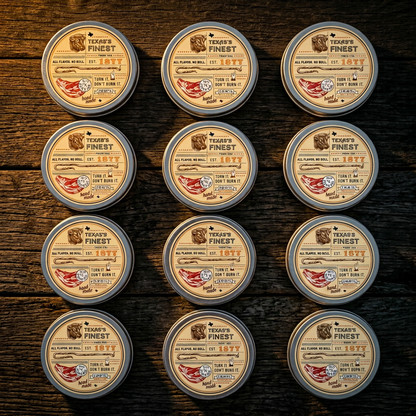 Twelve Stagner Steak Rub tins arranged in grid formation on dark oak surface dramatic golden lighting Texas BBQ bulk seasoning