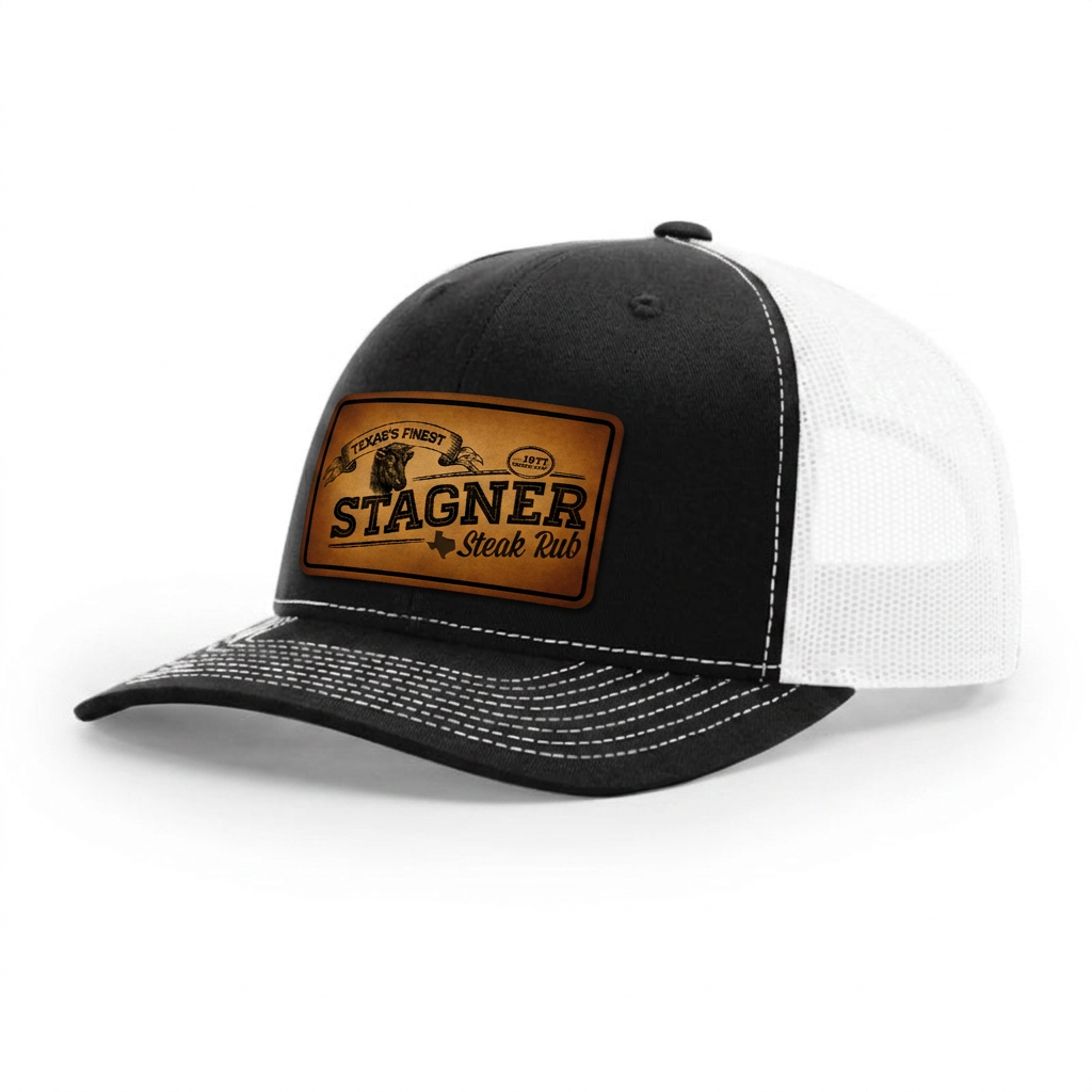 Stagner Brands Richardson 112 leather patch trucker hat black white angle view product listing photo