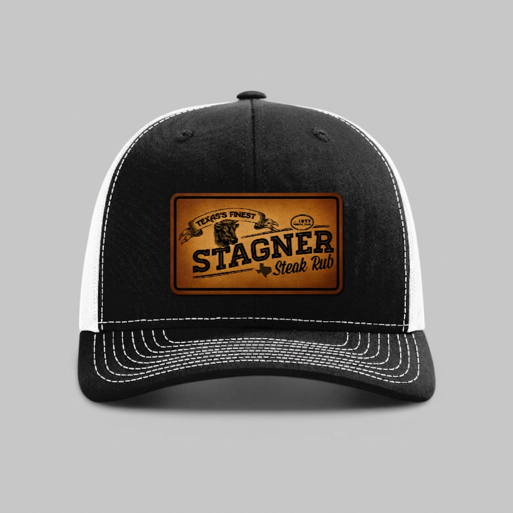 Stagner Brands Richardson 112 leather patch trucker hat black white front view dark background product photo