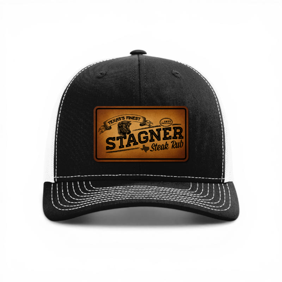 Stagner Brands Richardson 112 leather patch trucker hat split black white front view